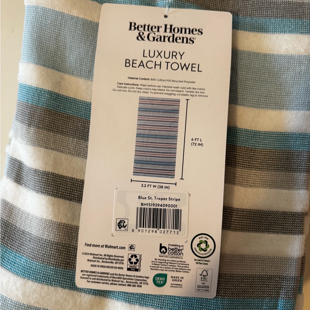 Better Homes & Gardens Luxury Beach Towel - Striped Blue, White, Gray - 2 NWT - Picture 2 of 3